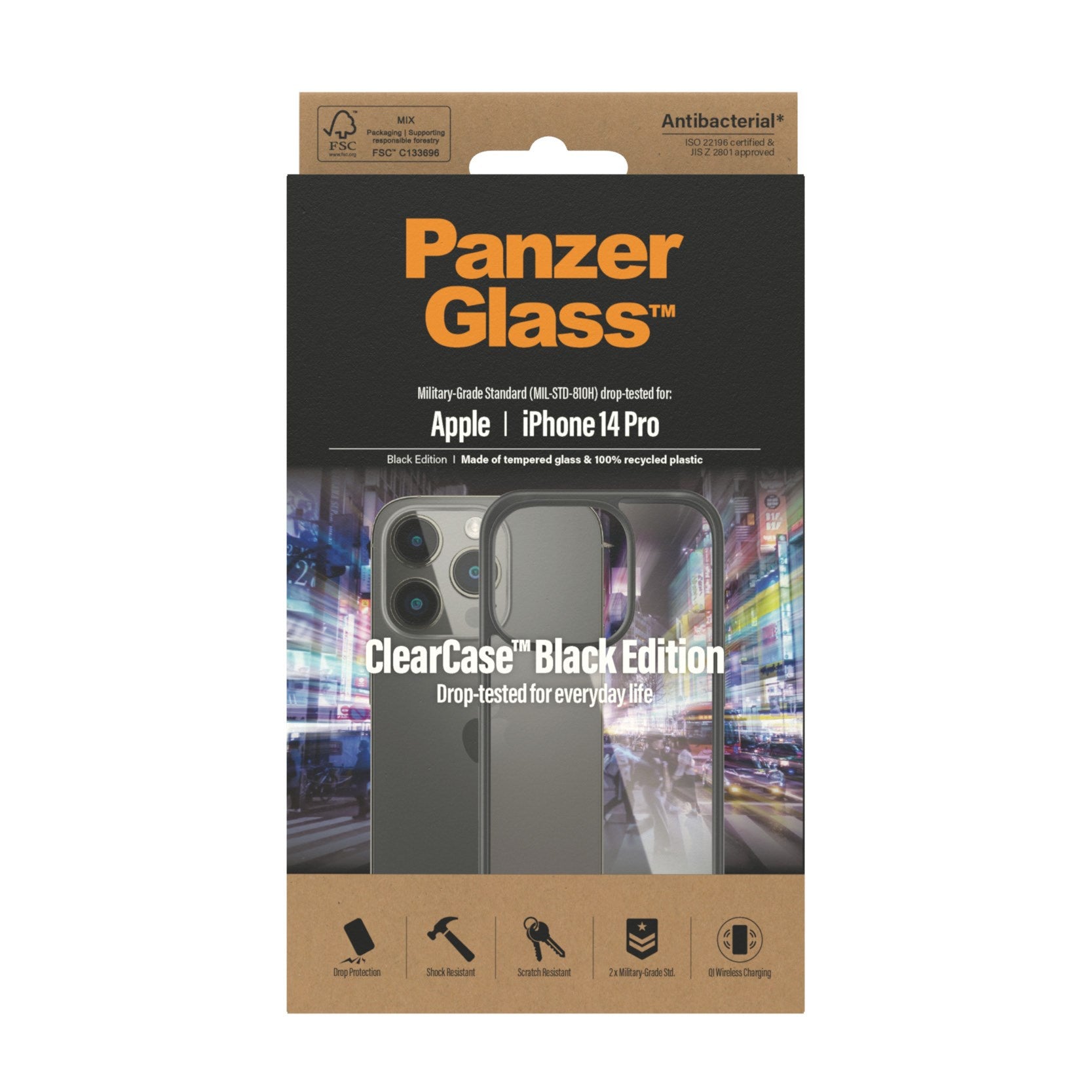 PanzerGlass® ClearCase Transparent m. Schwarz Rahmen iPhone 14 Pro